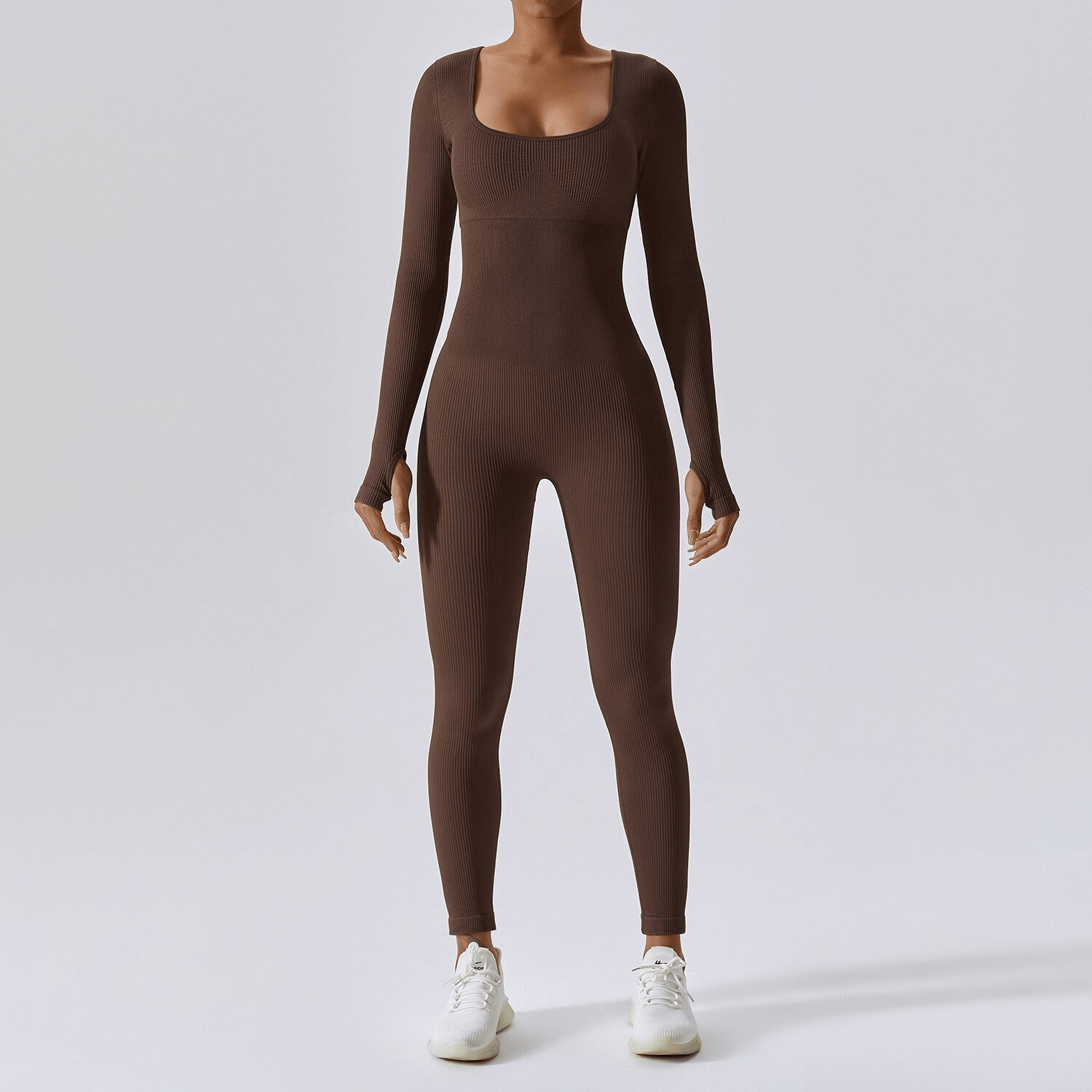 Brown seamless yoga suit with thumb holes, women's fitness clothing ideal for gym and yoga sessions. SF1287.